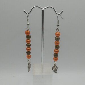 Handmade Orange Beaded Earrings with Leaf Charms – Unique Fall Jewelry